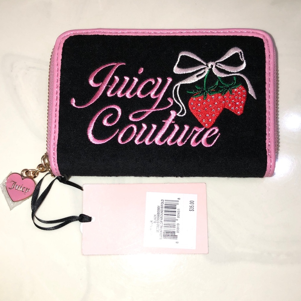 Juicy Couture Black Retro Strawberry Essential Zip Around Bifold Wallet NWT